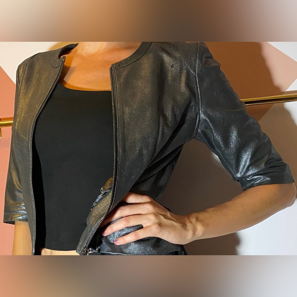 My Tribe cropped leather jacket, med, pleated back, slightly distressed, chrome